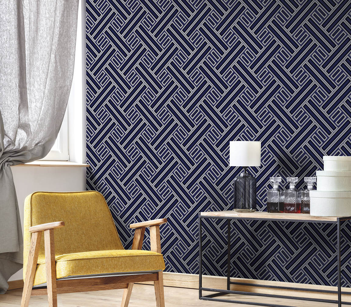Living room with navy, black and silver rectangle geometric design wallpaper