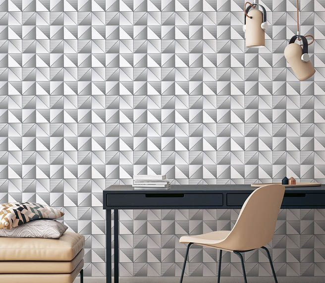 Office with silver and grey cubist design wallpaper