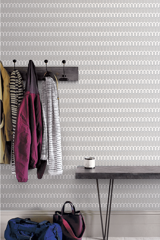 Front entrance way with black and grey zig zag design wallpaper
