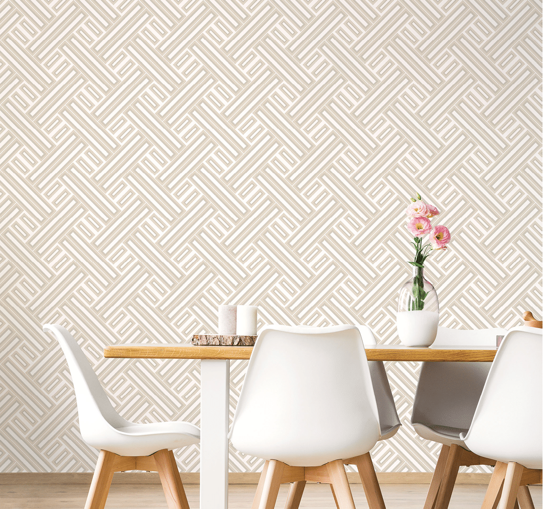 Dining room with beige and taupe rectangle design wallpaper