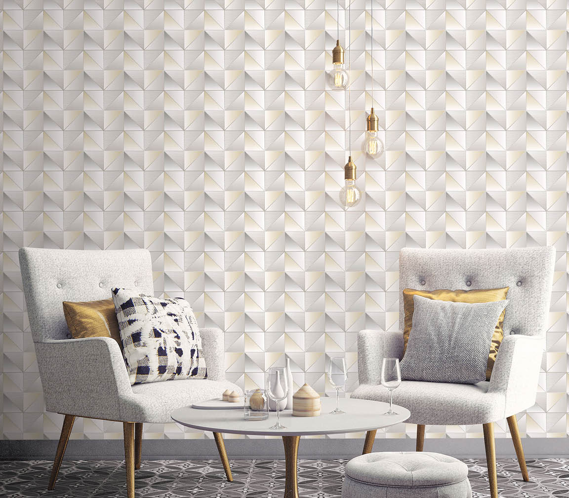 Living room with cream and silver cubist design wallpaper