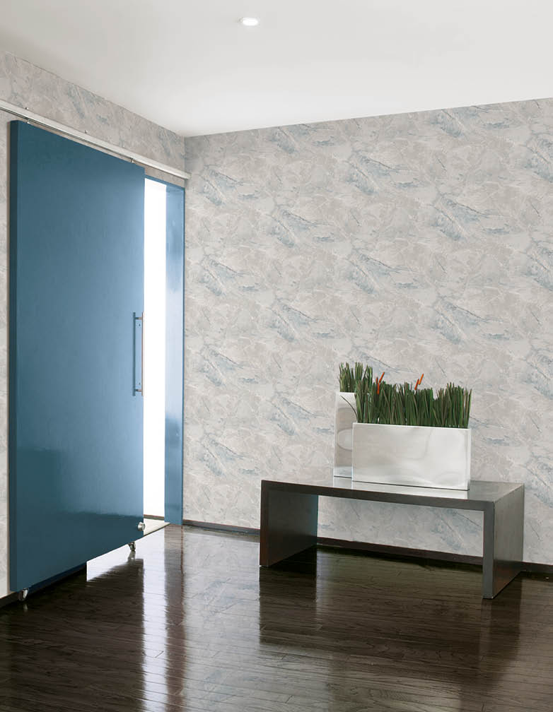 entrance way with grey and blue marble texture wallpaper