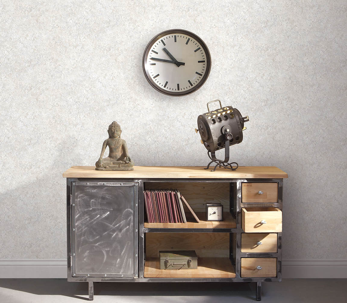 Vignette of desk with grey and brown stone textured wallpaper