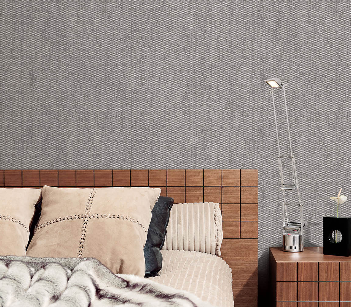 bedroom with charcoal weave texture wallpaper